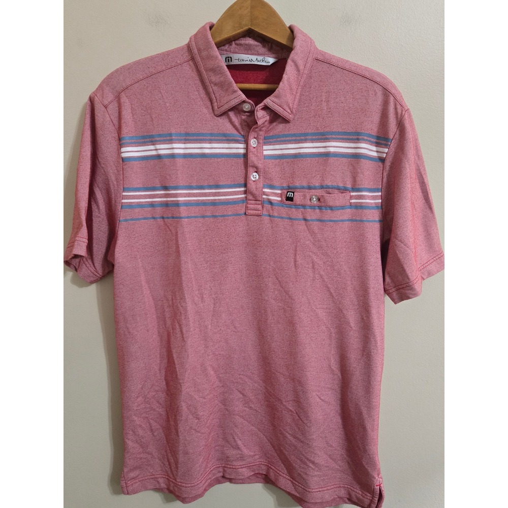 TravisMathew Striped Golf Polo Shirt Men's‎ M Heather Red Pink Short Sleeve